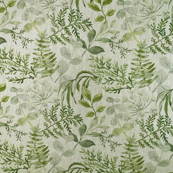 Upholstery Fabric - Cotton Rich Linen Look Material - Green & Grey Floral Leaf Print