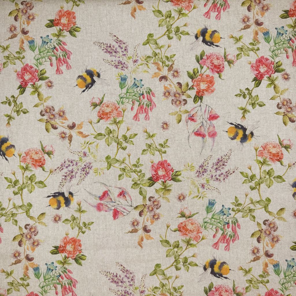 Canvas Fabric - Botanical Bees & Floral Print Linen Look Craft Fabric Material