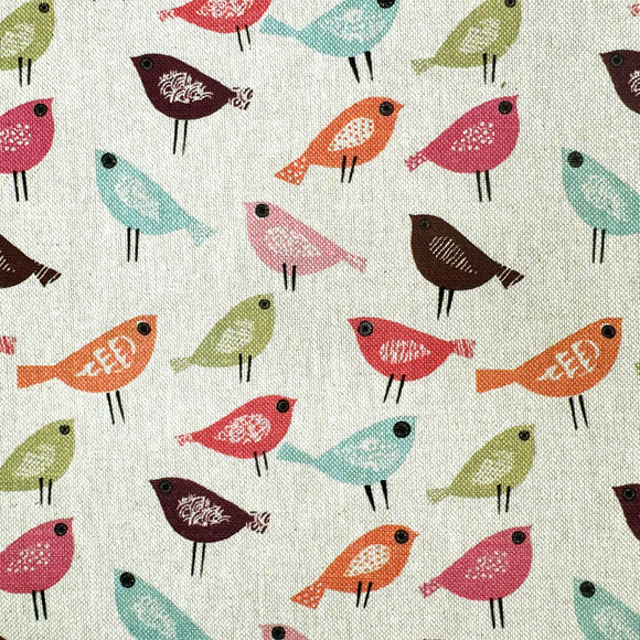 Upholstery Fabric - Bright Multicolour Scandi Birds- Cotton Rich Linen Look Material