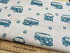 Linen Look Canvas Fabric - Blue Retro Camper Van Print - Upholstery Cushion Curtain Craft Fabric