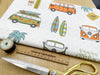 Linen Look Canvas Fabric - Retro Camper Van & Surf Board Print - Upholstery Cushion Curtain Craft Fabric