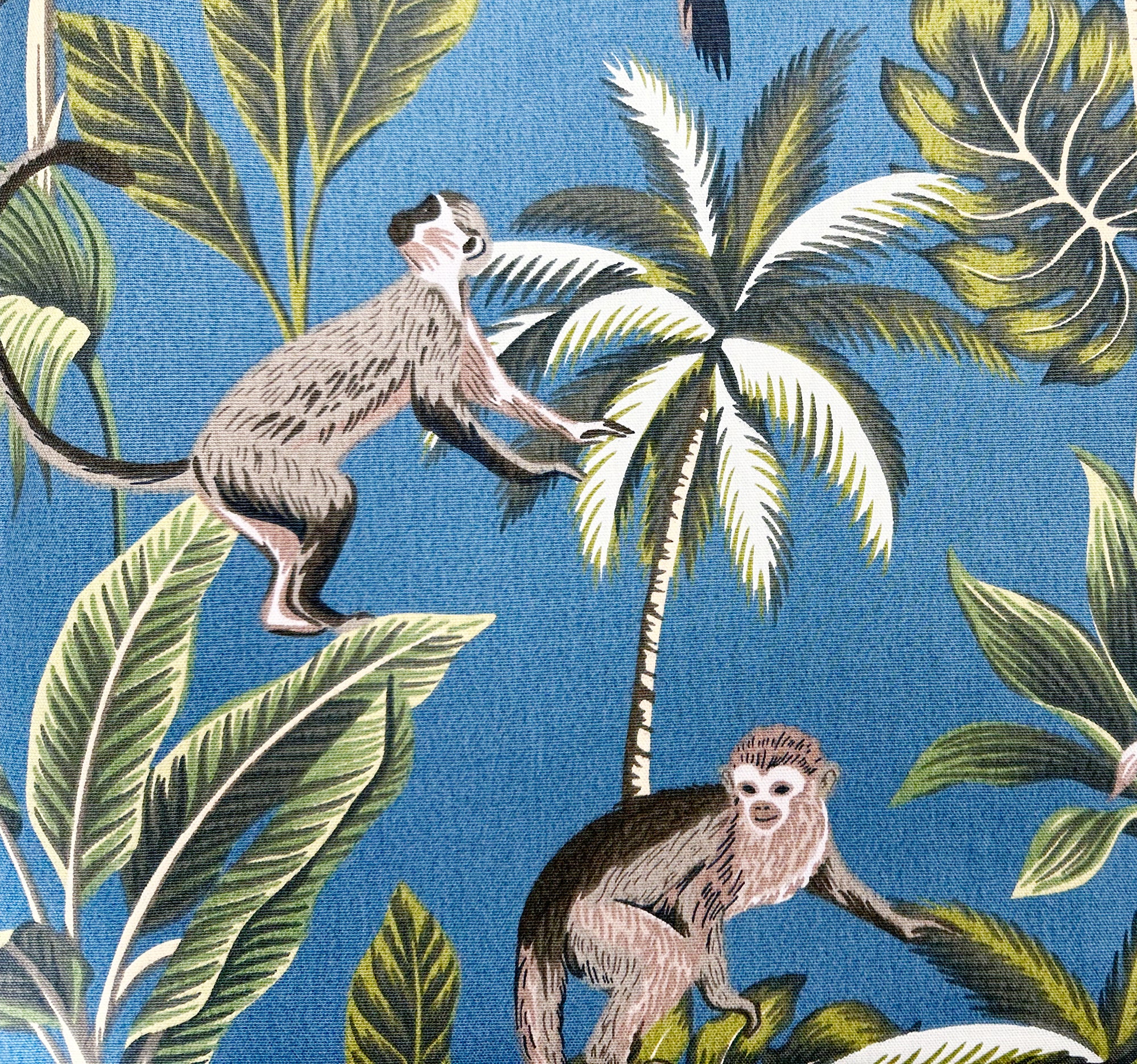 Monkey Pattern Material Upholstery Fabric - 'Monkey' Teal Blue Palm Tree & Monkey Print - Cush ...