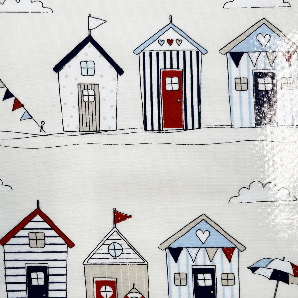 Table Cloth Fabric 'Beach Huts' Cream Red Blue Seaside Print PVC Vinyl Oil Cloth Fabric