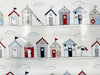 Table Cloth Fabric 'Beach Huts' Cream Red Blue Seaside Print PVC Vinyl Oil Cloth Fabric