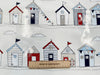 Table Cloth Fabric 'Beach Huts' Cream Red Blue Seaside Print PVC Vinyl Oil Cloth Fabric