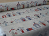 Table Cloth Fabric 'Beach Huts' Cream Red Blue Seaside Print PVC Vinyl Oil Cloth Fabric