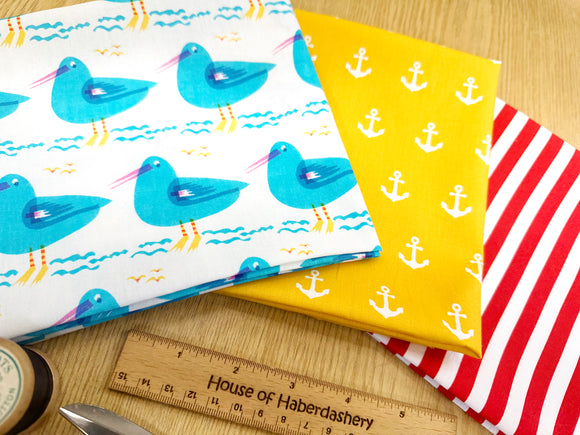 Fat Quarter Fabric Bundle - Seagulls & Anchors Seaside Beach Mix - 3 Piece Bundle