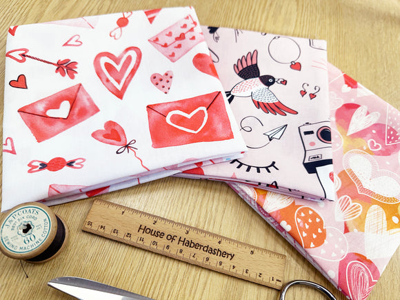Fat Quarter Fabric Bundle - Love Hearts Pink & Red Valentines Mix - 3 Piece Bundle