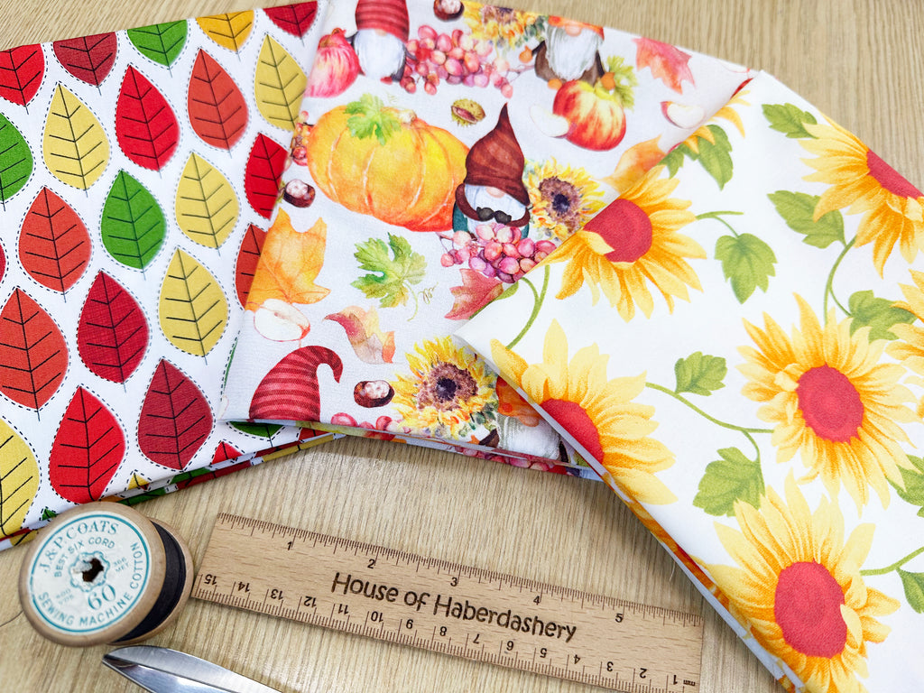 Fat Quarter Fabric Bundle - Autumn Gonks Sunflowers & Leaves Mix - 3 Piece Bundle