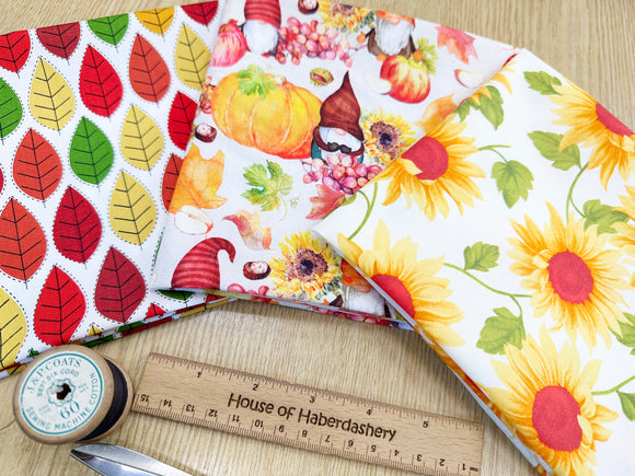 Fat Quarter Fabric Bundle - Autumn Gonks Sunflowers & Leaves Mix - 3 Piece Bundle