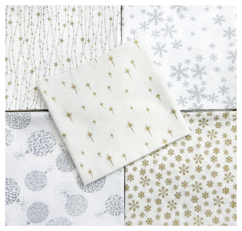Fat Quarter Bundle - White Gold & Silver Glitter Stars Snowflakes & Baubles Christmas Mix Bunting Craft Fabric