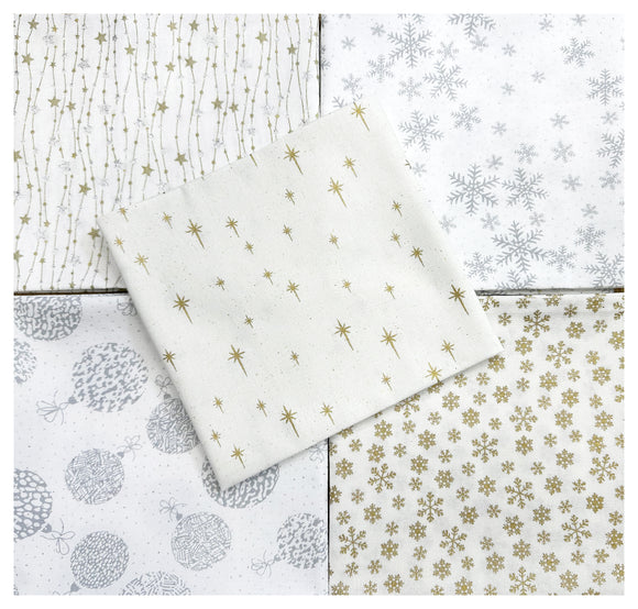 Fat Quarter Bundle - White Gold & Silver Glitter Stars Snowflakes & Baubles Christmas Mix Bunting Craft Fabric