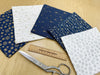 Fat Quarter Bundle - Navy Blue Gold & Silver Glitter Stars & Snowflakes Christmas Mix Bunting Craft Fabric