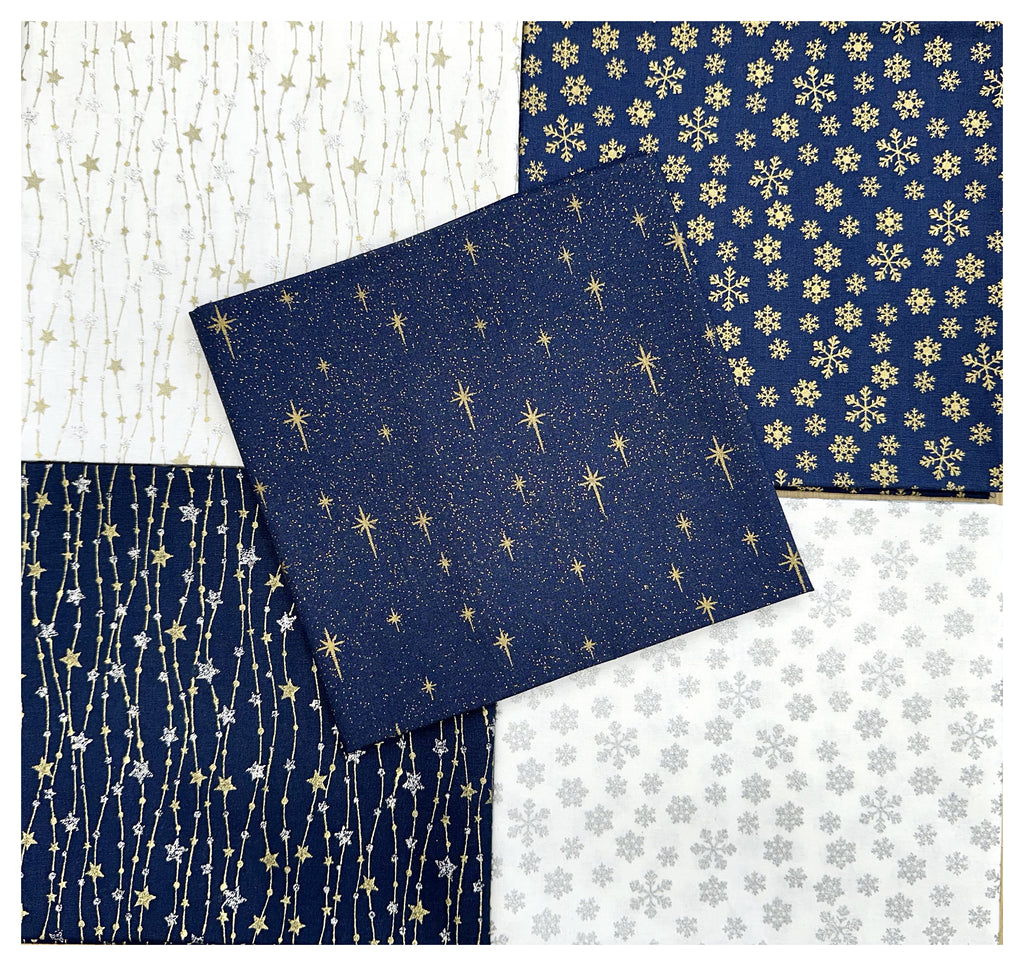 Fat Quarter Bundle - Navy Blue Gold & Silver Glitter Stars & Snowflakes Christmas Mix Bunting Craft Fabric