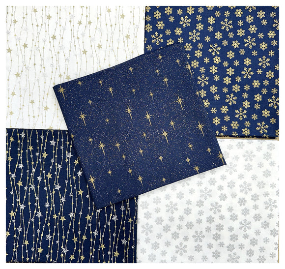 Fat Quarter Bundle - Navy Blue Gold & Silver Glitter Stars & Snowflakes Christmas Mix Bunting Craft Fabric