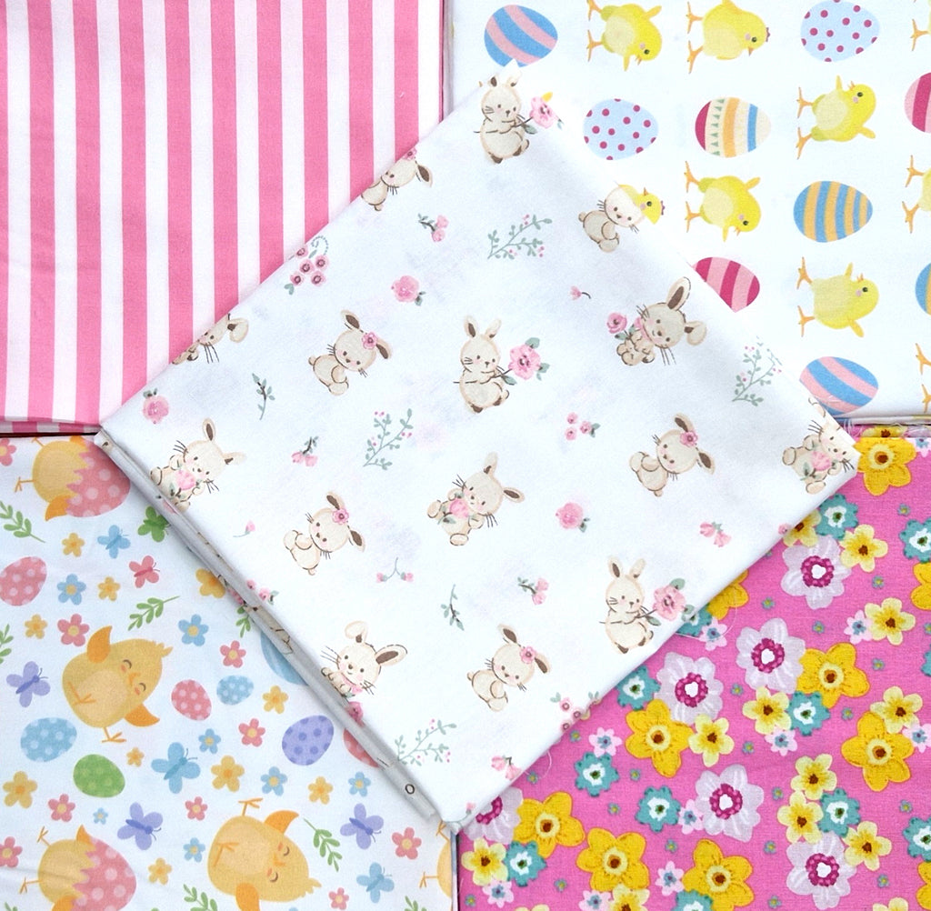 Fat Quarter Bundle - Cute Easter Bunny Pink Spring Floral Fabric Mix