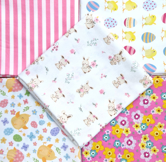 Fat Quarter Bundle - Cute Easter Bunny Pink Spring Floral Fabric Mix