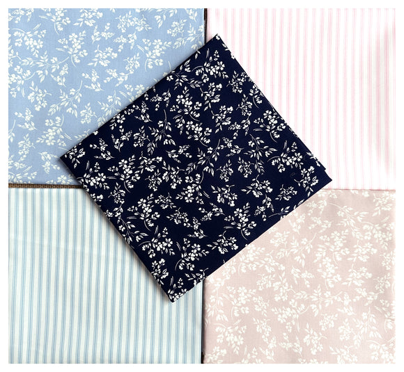 Fat Quarter Bundle - Navy Blue & Dusky Pink Floral Stripe Mix Bunting Craft Fabric