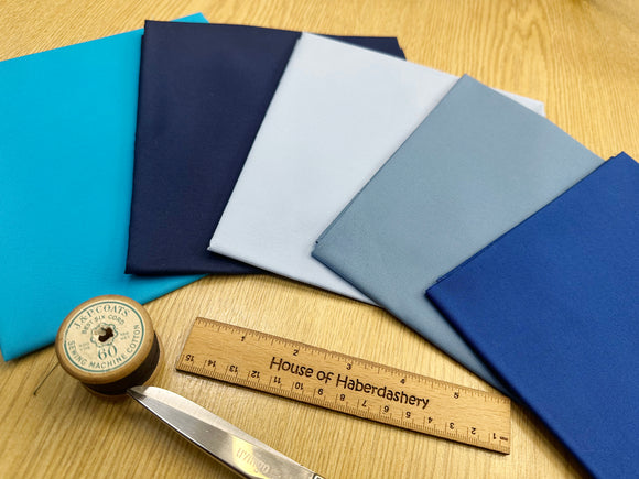 Fat Quarter Bundle - Plain Blue Colour Cotton Fabric Mix - 5 Piece Bundle