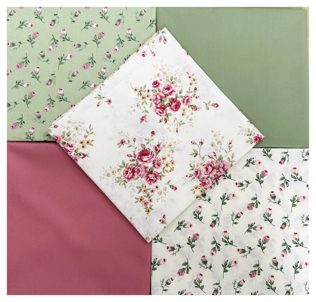 Fat Quarter Bundle - Pretty Pink & Green Rose Bud Floral Mix