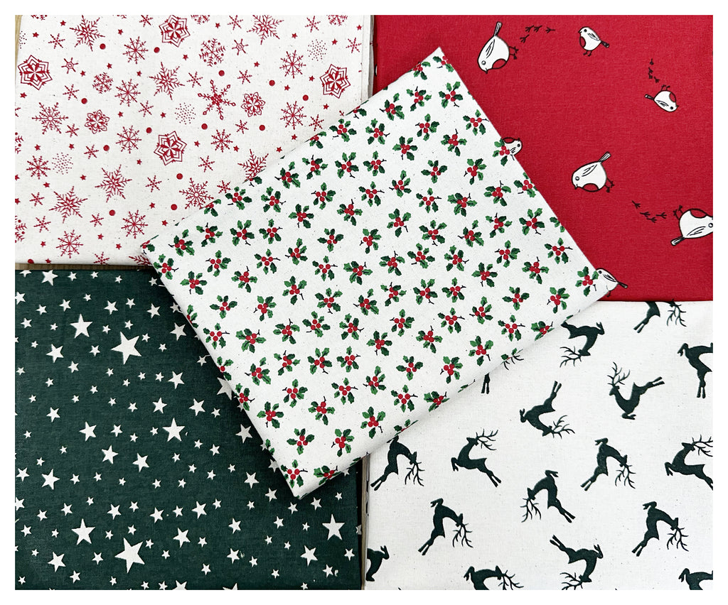 Fat Quarter Bundle - Scandi Christmas Red Green Natural Robins Holly Reindeer Fabric Mix