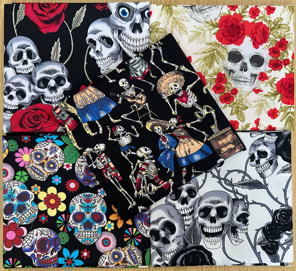 Fat Quarter Bundle - Gothic Skulls & Skeletons Halloween Craft Fabric Material