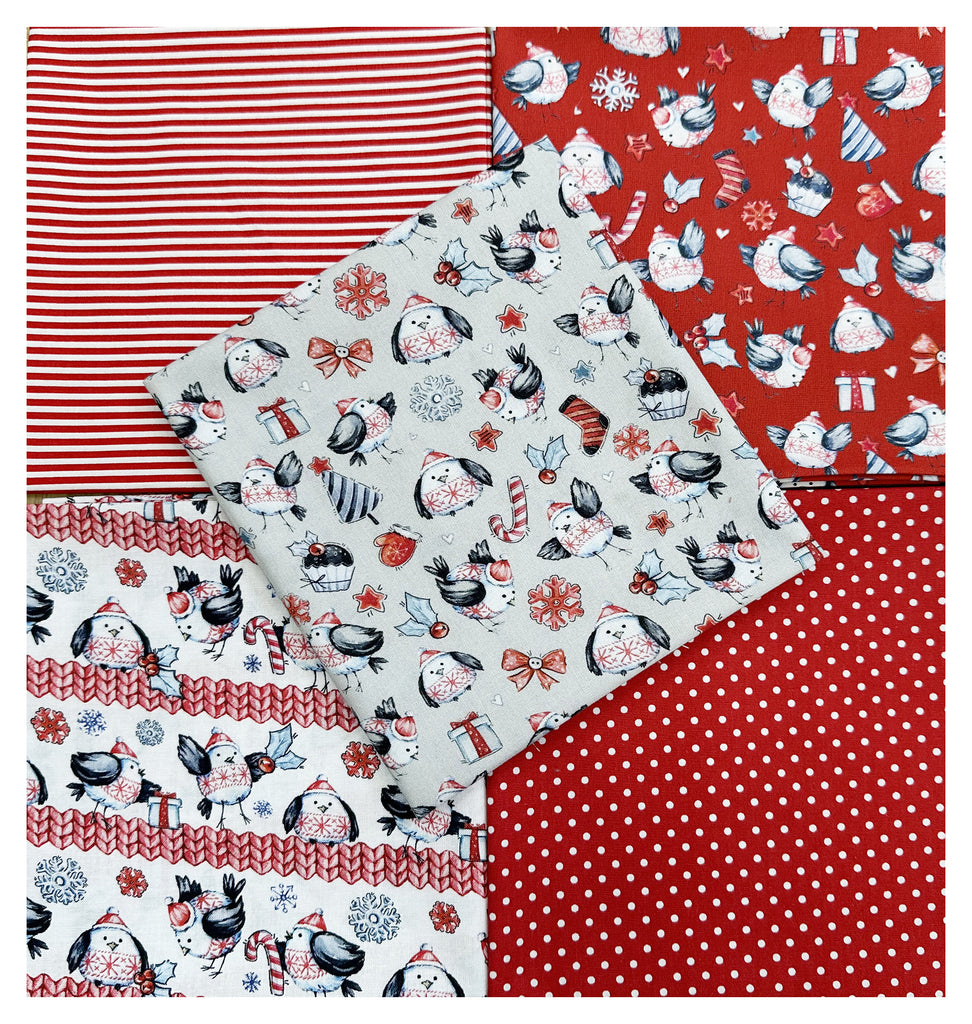 Fat Quarter Bundle - Cute Red Robin Christmas Mix Bunting Craft Fabric