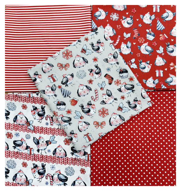 Fat Quarter Bundle - Cute Red Robin Christmas Mix Bunting Craft Fabric