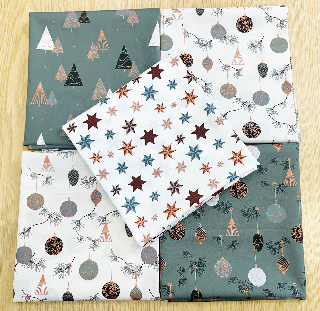 Fat Quarter Bundle - Christmas Sage Green Rose Gold Star Baubles Trees Fabric