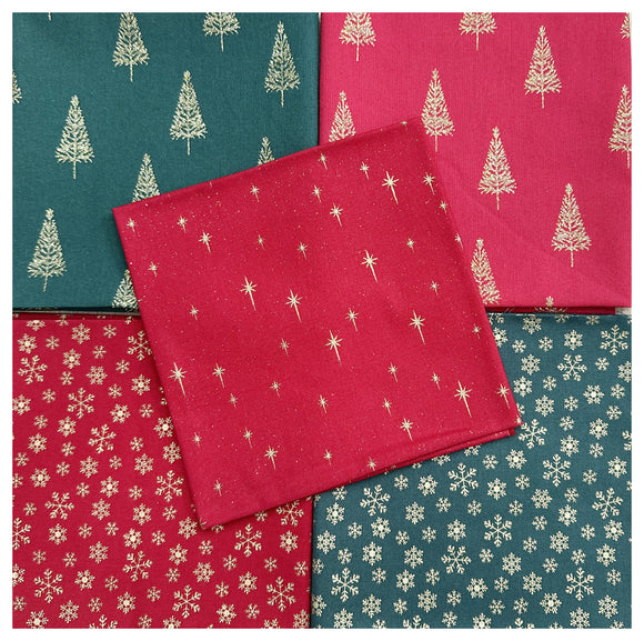 Fat Quarter Bundle - Red Green Gold Sparkle Trees Stars & Snowflakes Christmas Mix Bunting Craft Fabric
