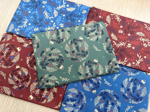 Fat Quarter Bundle - Christmas Green Blue Red Gold Bauble Leaf Print Fabric