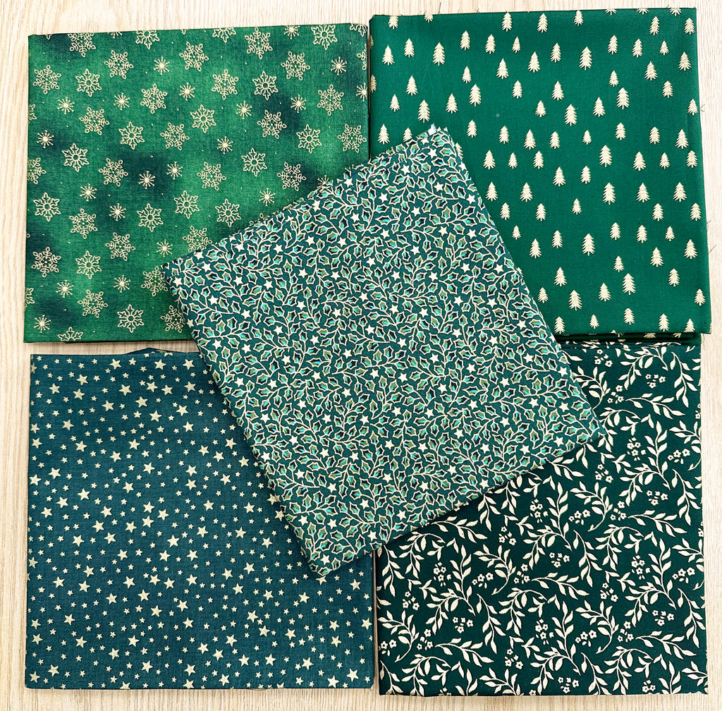 Fat Quarter Bundle - Christmas Green Metallic Gold Snowflake Trees Fabric