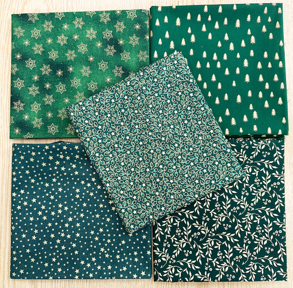 Fat Quarter Bundle - Christmas Green Metallic Gold Snowflake Trees Fabric