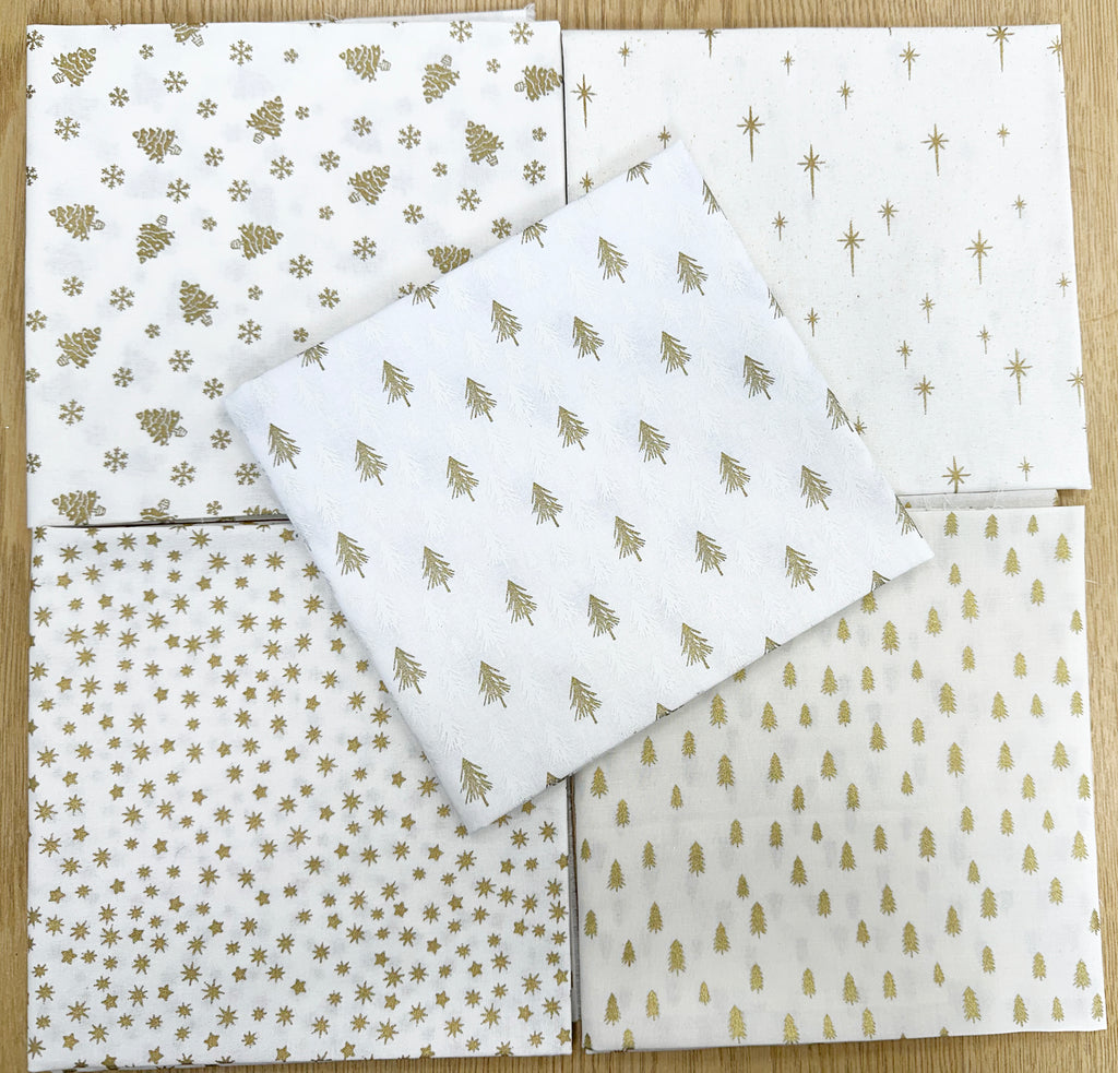 Fat Quarter Bundle - Christmas Ivory White & Silver Trees Snowflakes Stars Print