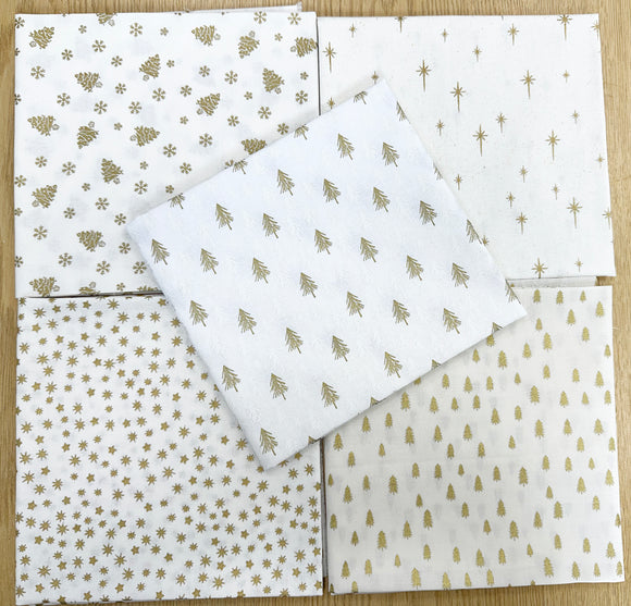 Fat Quarter Bundle - Christmas Ivory White & Silver Trees Snowflakes Stars Print