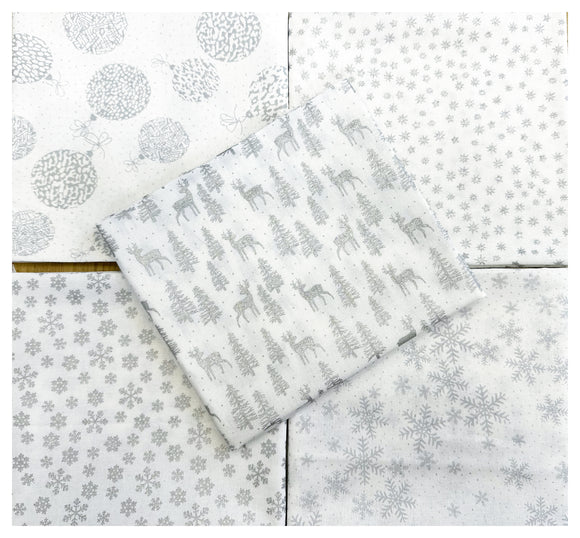 Fat Quarter Bundle - Christmas White & Silver Glitter Snowflakes Stars Baubles Reindeer Print
