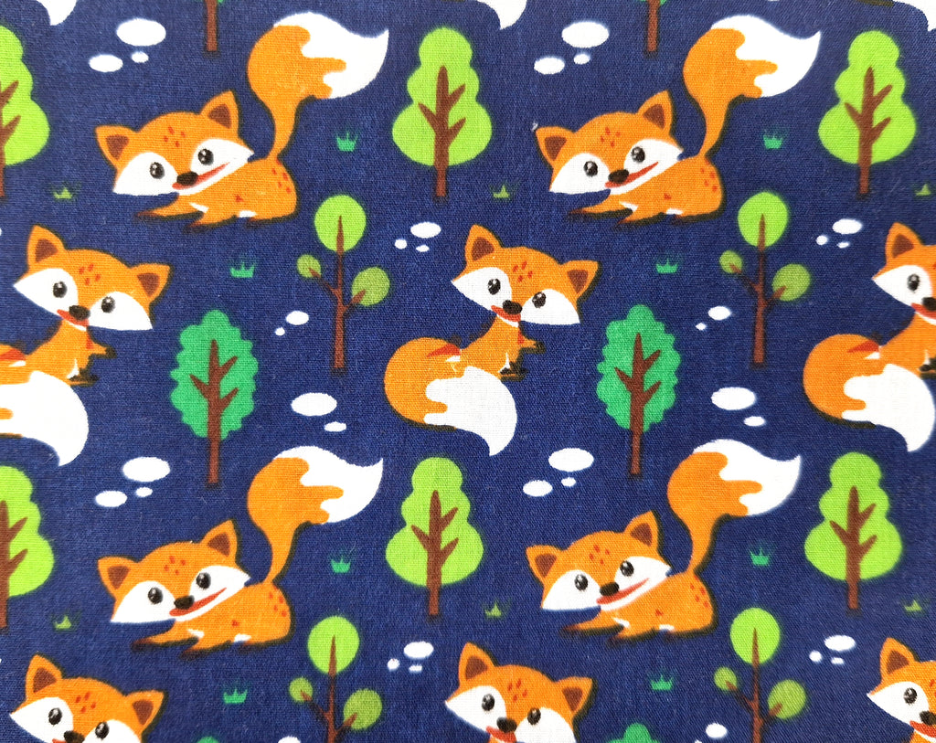 Polycotton Fabric - Forest Animals Cute Fox On Navy- Craft Novelty fabric