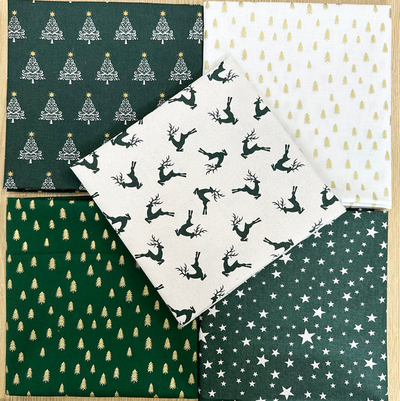 Fat Quarter Bundle - Christmas Green & Cream Scandi Reindeer Trees Star Fabric