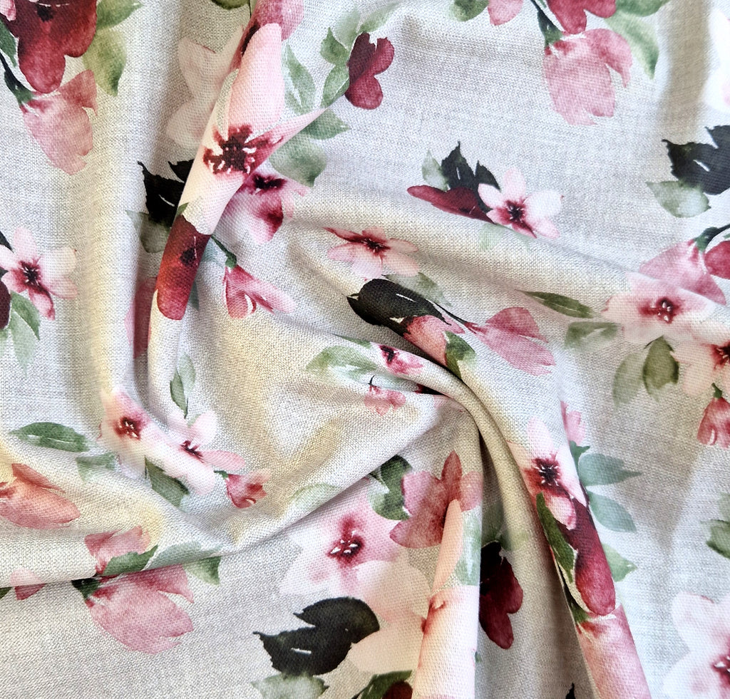 Cotton Canvas Fabric - Pretty Pink Floral Print- Natural Background