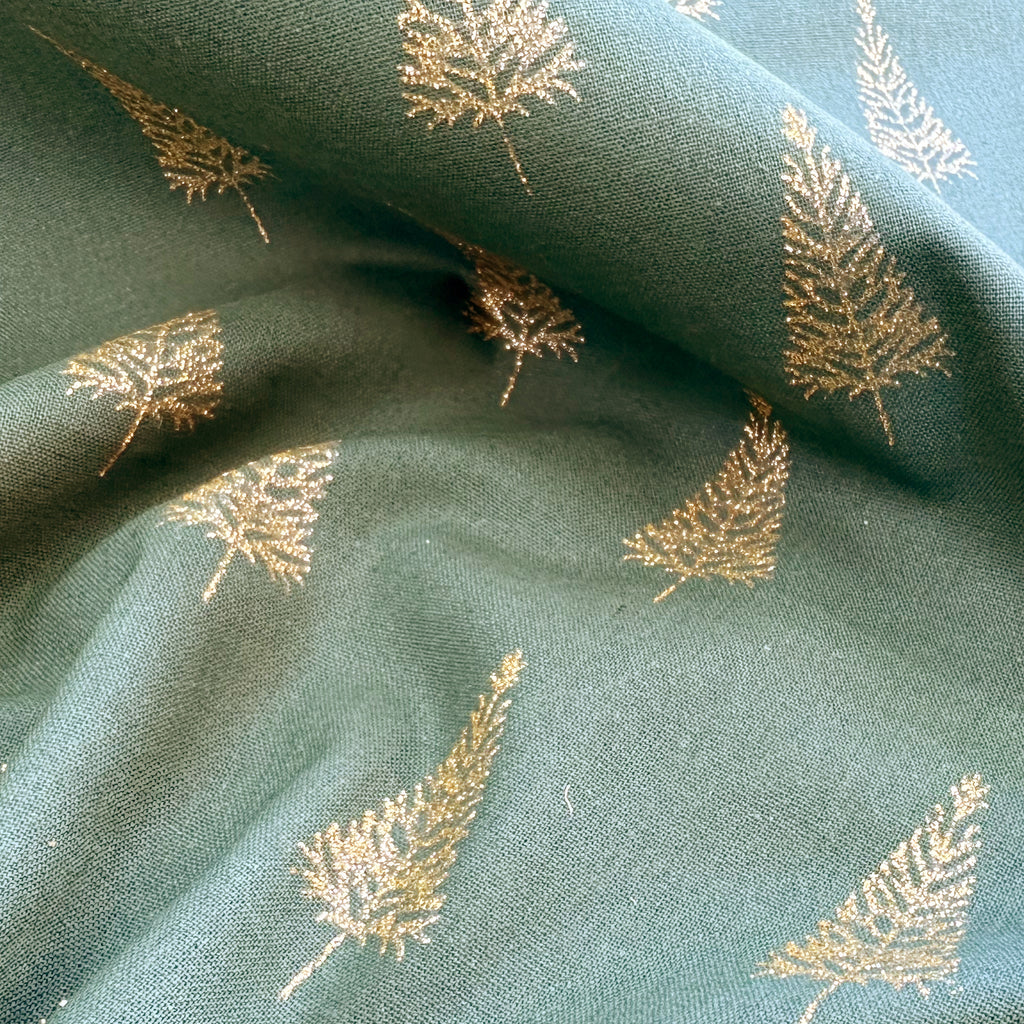 Christmas Fabric - Gold Glitter Xmas Trees on Green - 100% Cotton Fabric