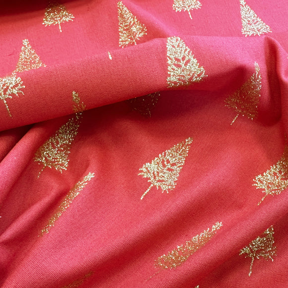 Christmas Fabric - Gold Glitter Xmas Trees on Red - 100% Cotton Fabric