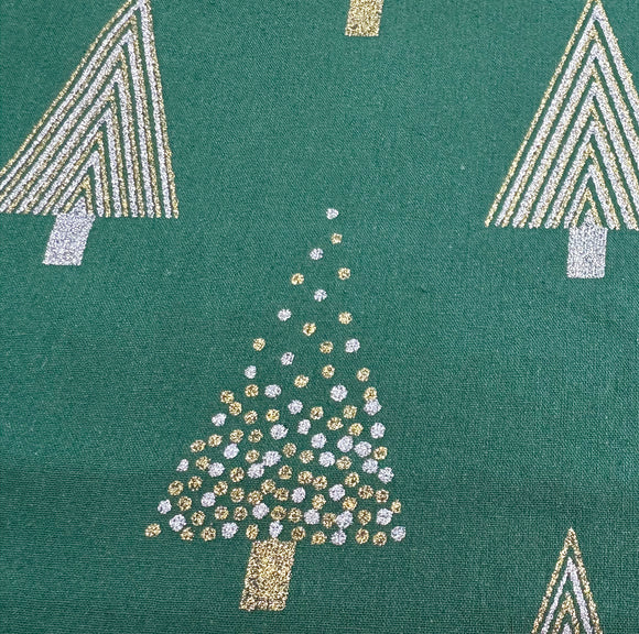 Christmas Fabric - Silver & Gold Glitter Xmas Trees on Green - 100% Cotton Fabric