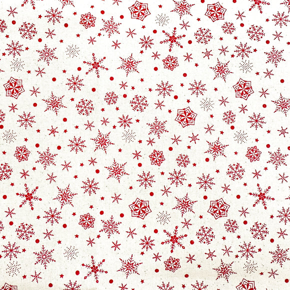 Christmas Fabric - Red Scandi Snowflakes on Natural - Xmas Craft Fabric Material