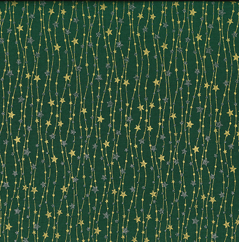 Christmas Fabric - Silver & Gold Glitter Stars on Green - 100% Cotton Fabric