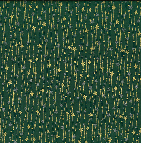 Christmas Fabric - Silver & Gold Glitter Stars on Green - 100% Cotton Fabric