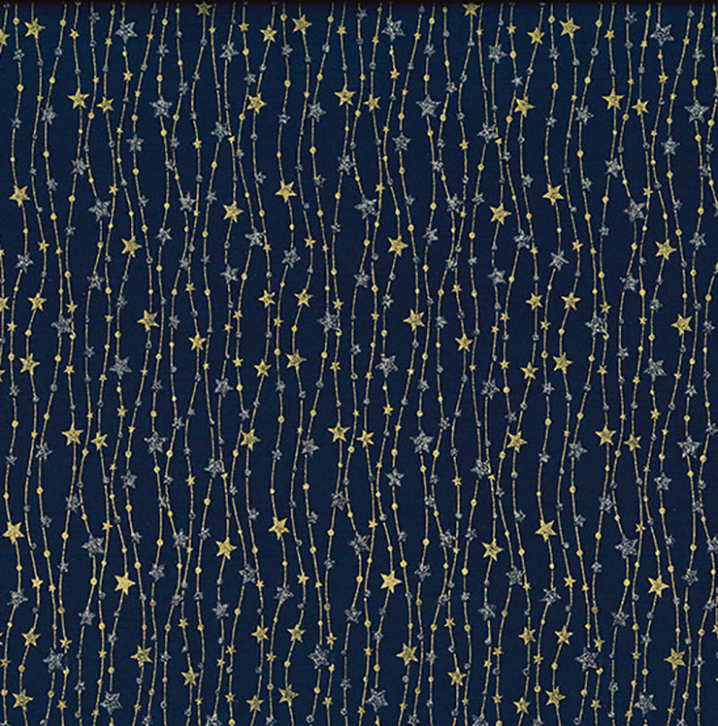 Christmas Fabric - Silver & Gold Glitter Stars on Navy Blue - Cotton Fabric