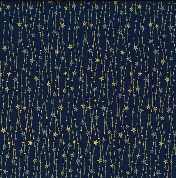 Christmas Fabric - Silver & Gold Glitter Stars on Navy Blue - Cotton Fabric