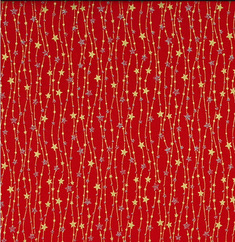 Christmas Fabric - Silver & Gold Glitter Stars on Red - 100% Cotton Fabric