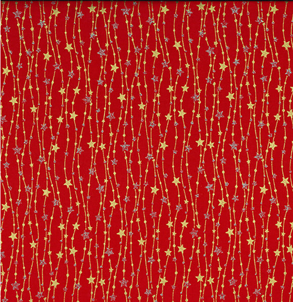 Christmas Fabric - Silver & Gold Glitter Stars on Red - 100% Cotton Fabric