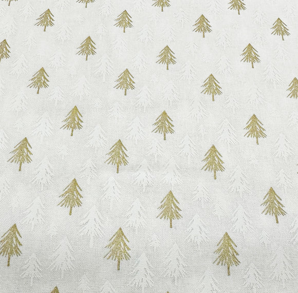 Christmas Fabric - Metallic Gold & White Christmas Trees - 100% Cotton Fabric